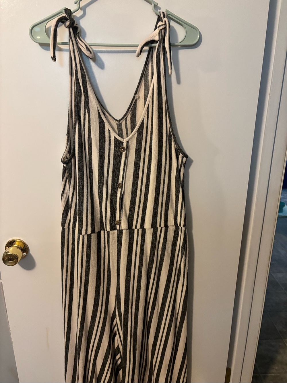 Coastal New England Dockside Striped Tie-Shoulder Jumpsuit Slate White Large